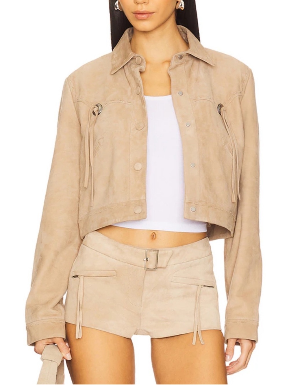Lamarque Cropped  Luna Leather Suede Bomber Jacket in Beige / Sand Extra Small